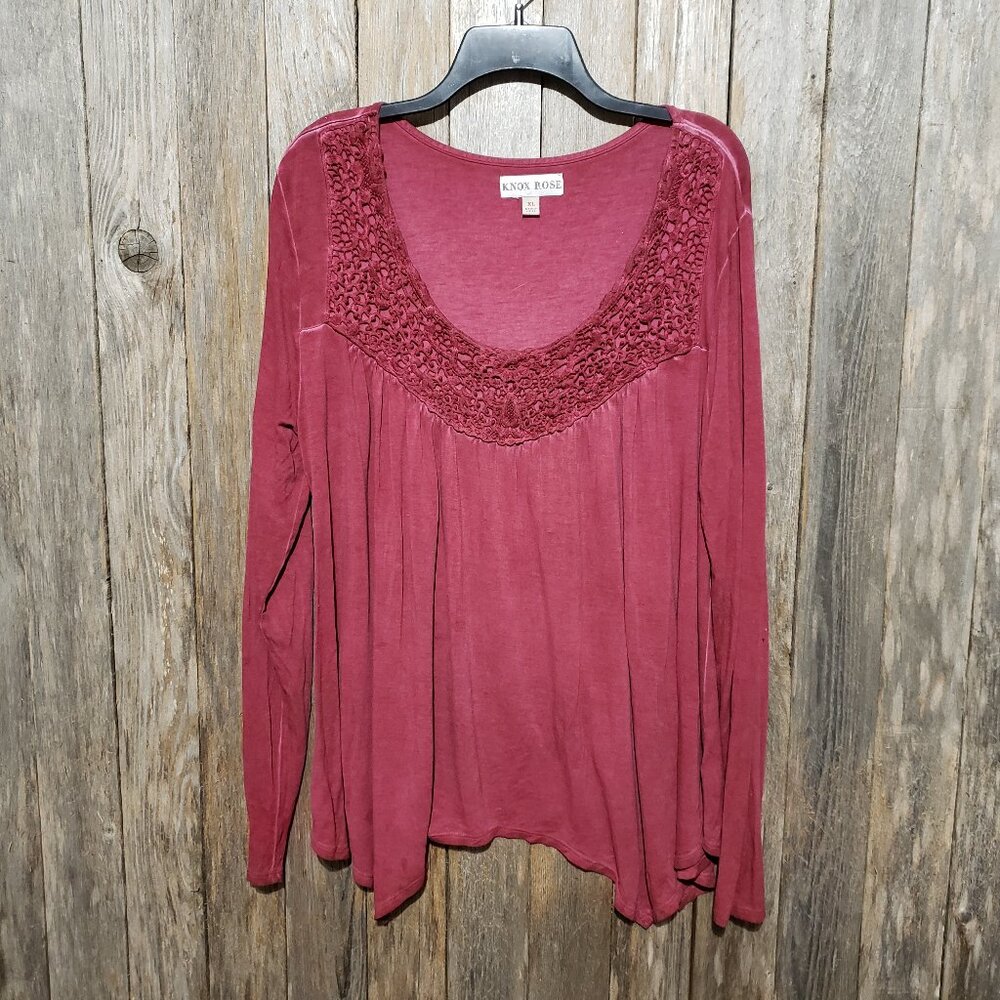 Knox Rose XL Top Tee Burgundy Crochet Lace Knit Tunic Casual Boho Whimsigoth